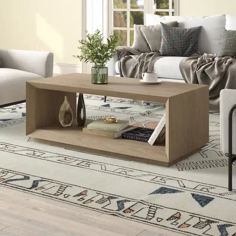 Table basse rectangulaire moderne avec étagère ouverte, finition grain de bois noir