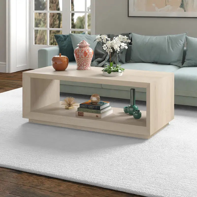 Table basse rectangulaire moderne avec étagère ouverte, finition grain de bois noir