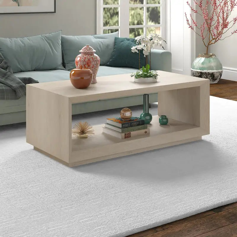 Table basse rectangulaire moderne avec étagère ouverte, finition grain de bois noir