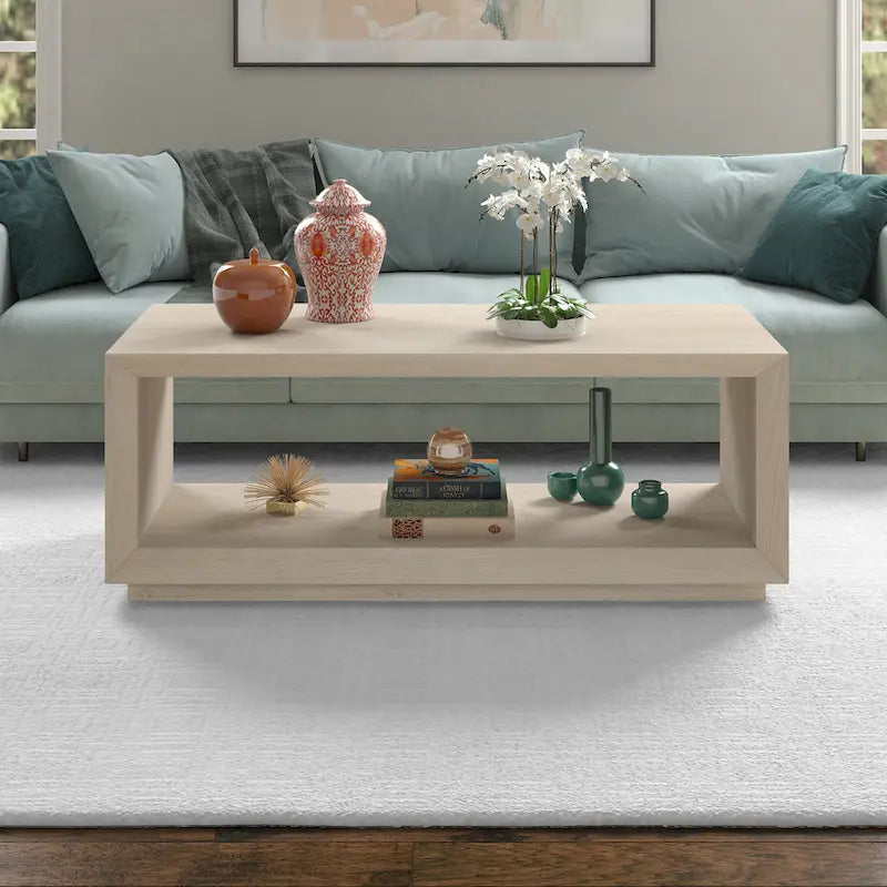 Table basse rectangulaire moderne avec étagère ouverte, finition grain de bois noir