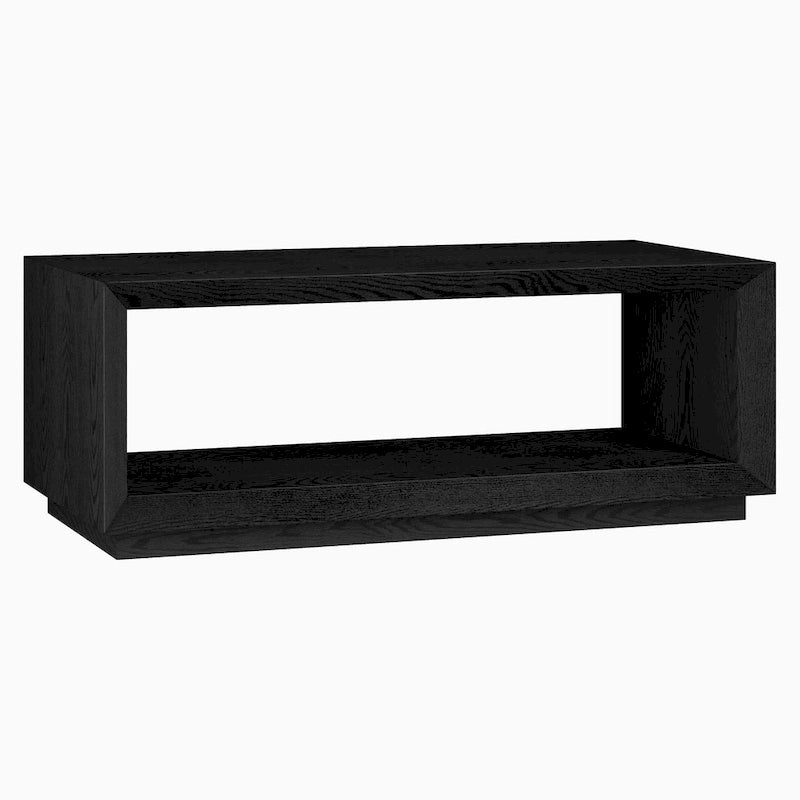 Table basse rectangulaire moderne avec étagère ouverte, finition grain de bois noir