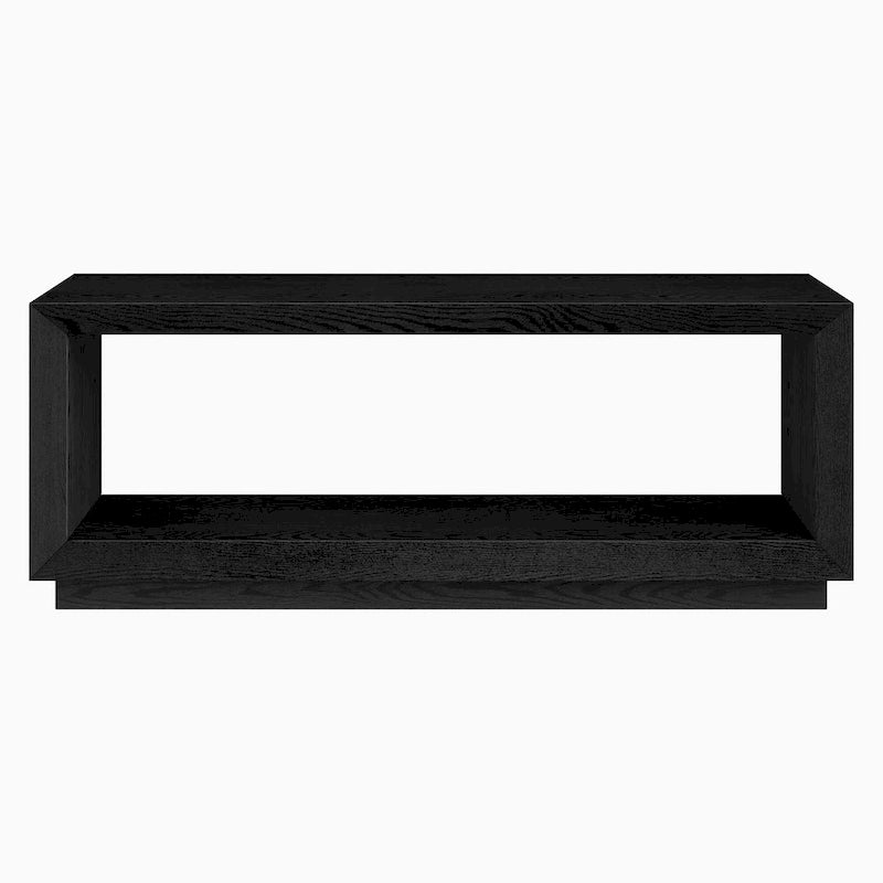 Table basse rectangulaire moderne avec étagère ouverte, finition grain de bois noir