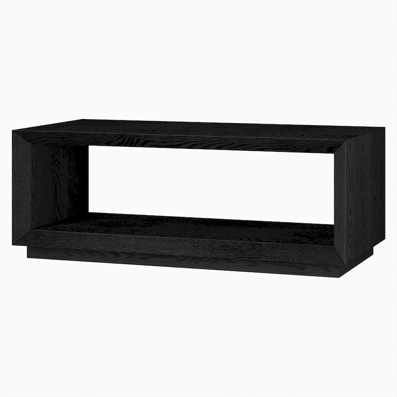 Table basse rectangulaire moderne avec étagère ouverte, finition grain de bois noir