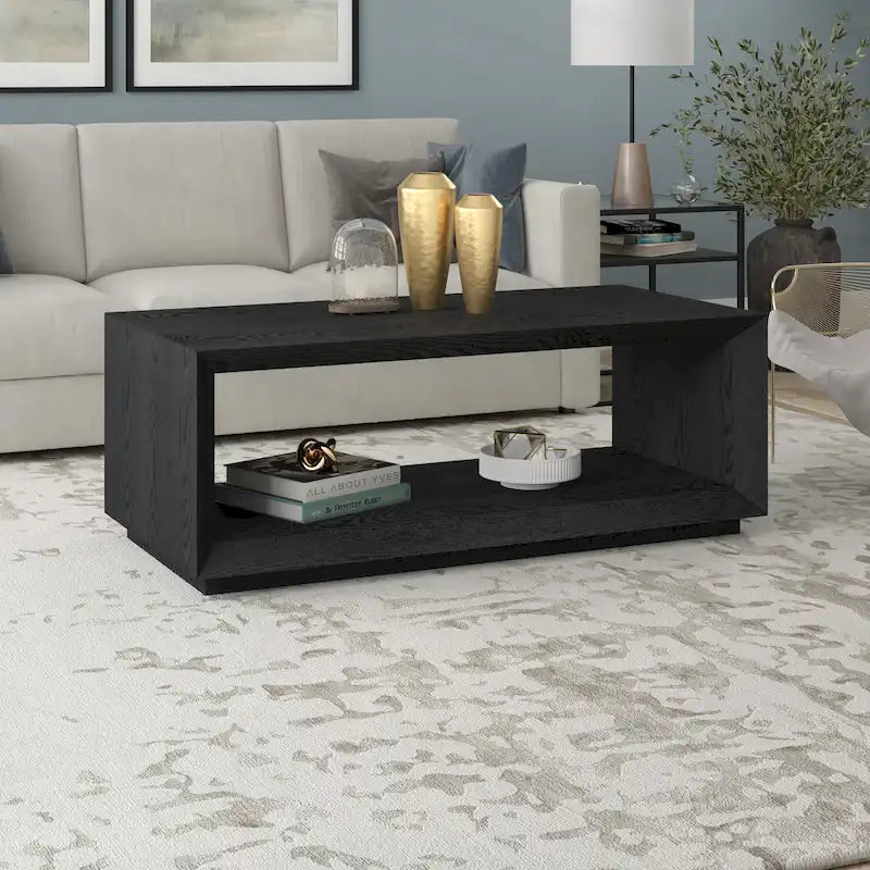 Table basse rectangulaire moderne avec étagère ouverte, finition grain de bois noir