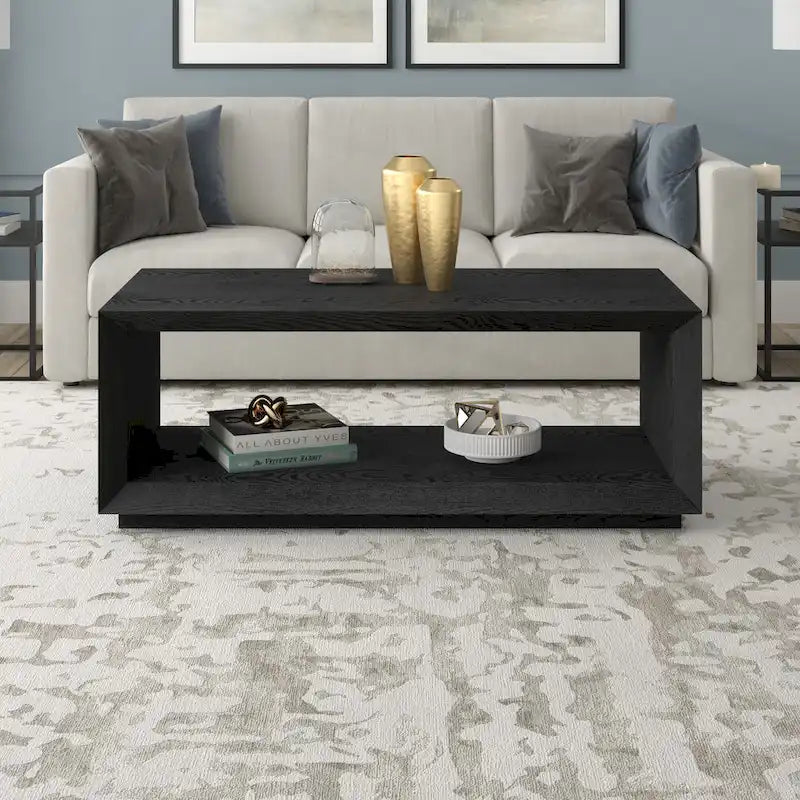 Table basse rectangulaire moderne avec étagère ouverte, finition grain de bois noir