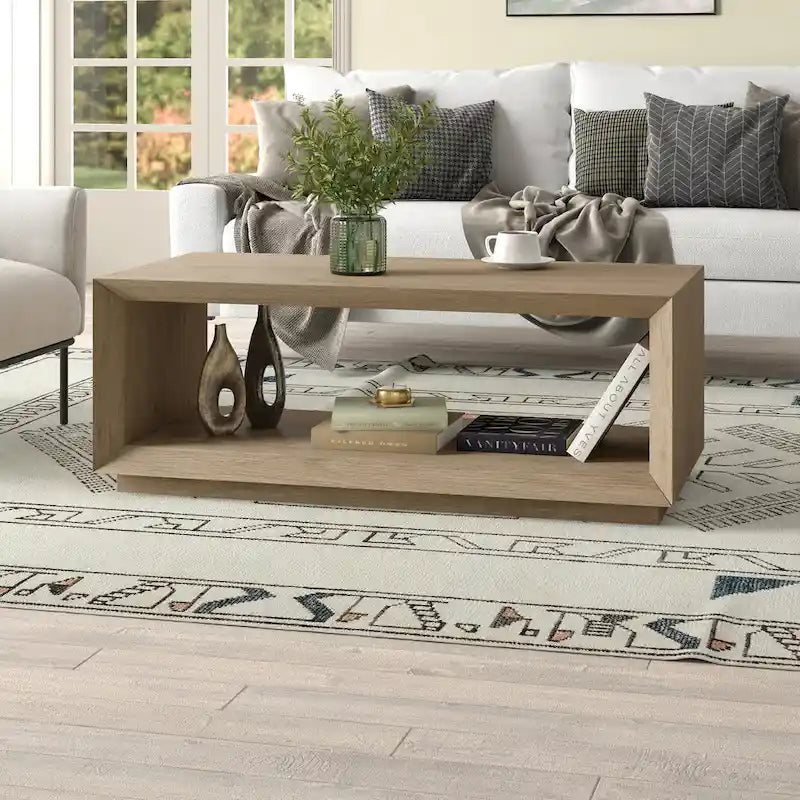 Table basse rectangulaire moderne avec étagère ouverte, finition grain de bois noir