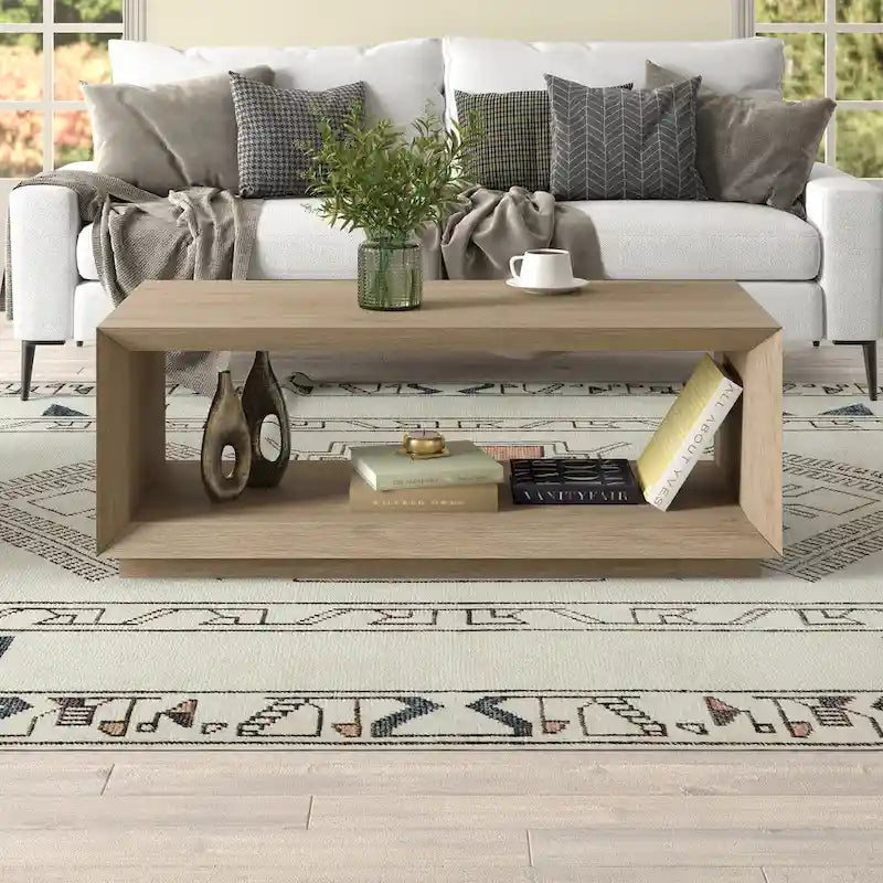 Table basse rectangulaire moderne avec étagère ouverte, finition grain de bois noir