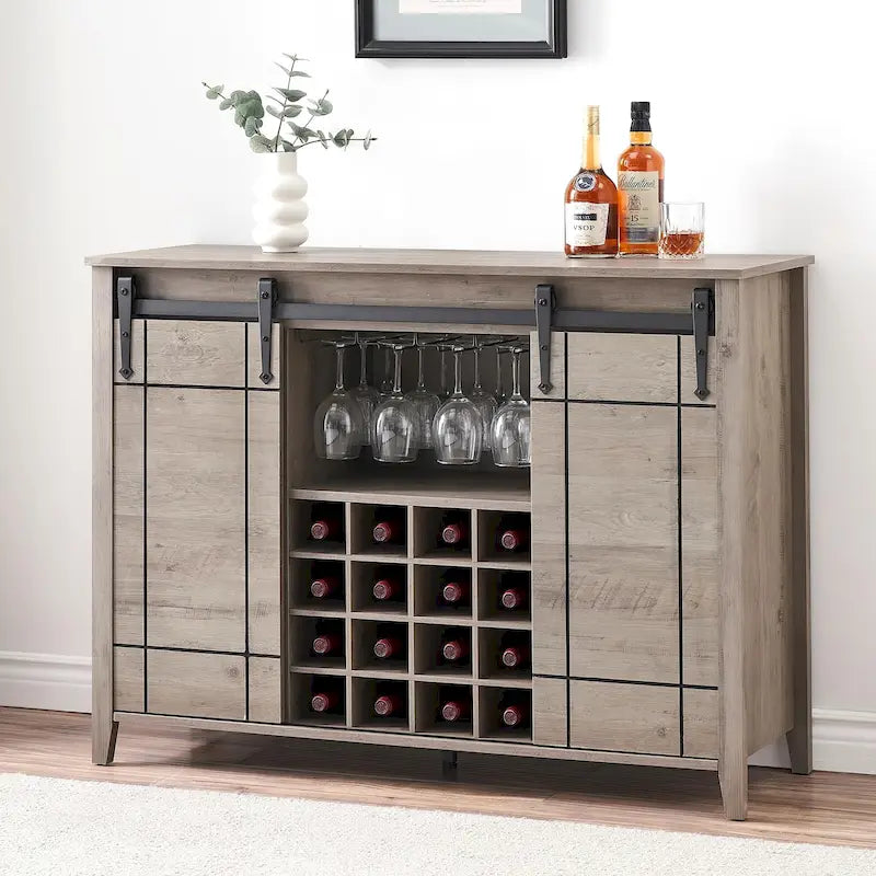 Meuble Bar à Vin avec Porte Coulissante, Casier à Bouteilles (16) et Range-Verres, Marron Foncé