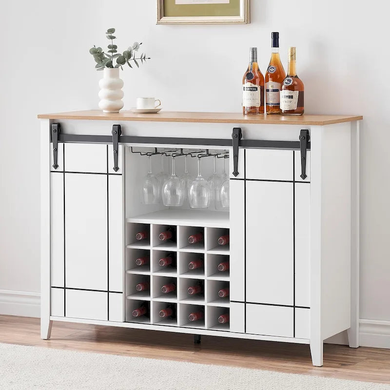 Meuble Bar à Vin avec Porte Coulissante, Casier à Bouteilles (16) et Range-Verres, Marron Foncé
