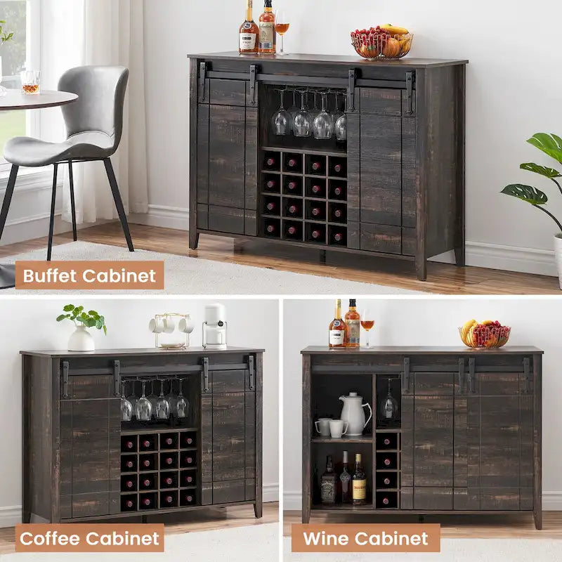 Meuble Bar à Vin avec Porte Coulissante, Casier à Bouteilles (16) et Range-Verres, Marron Foncé