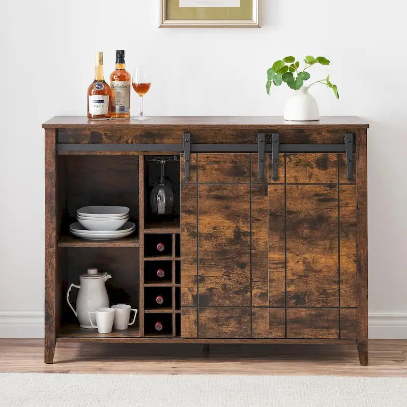 Meuble Bar à Vin avec Porte Coulissante, Casier à Bouteilles (16) et Range-Verres, Marron Foncé