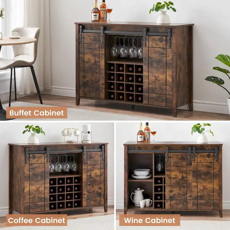 Meuble Bar à Vin avec Porte Coulissante, Casier à Bouteilles (16) et Range-Verres, Marron Foncé