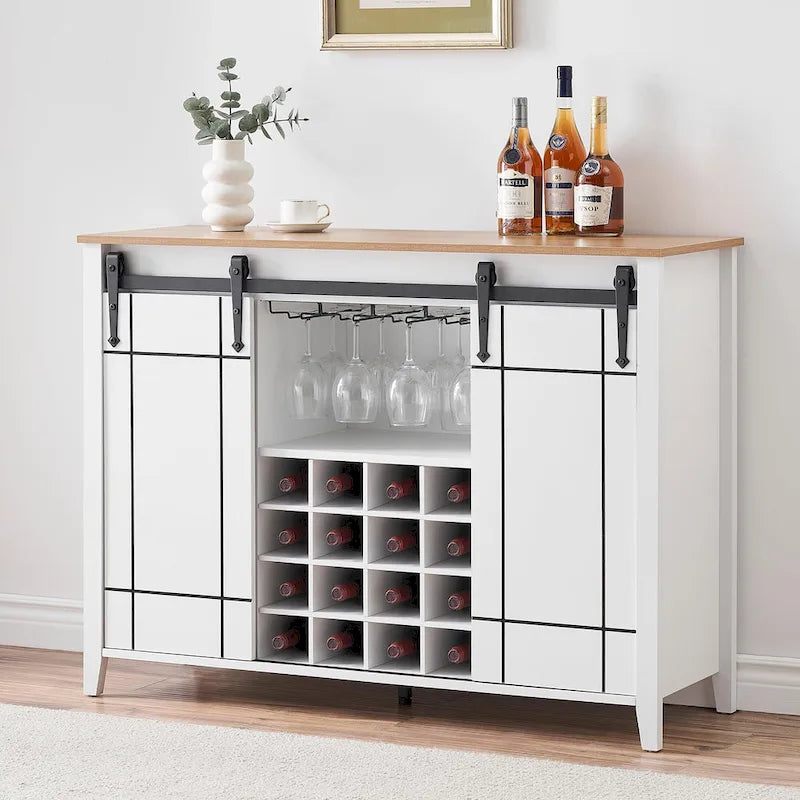Meuble Bar à Vin avec Porte Coulissante, Casier à Bouteilles (16) et Range-Verres, Marron Foncé