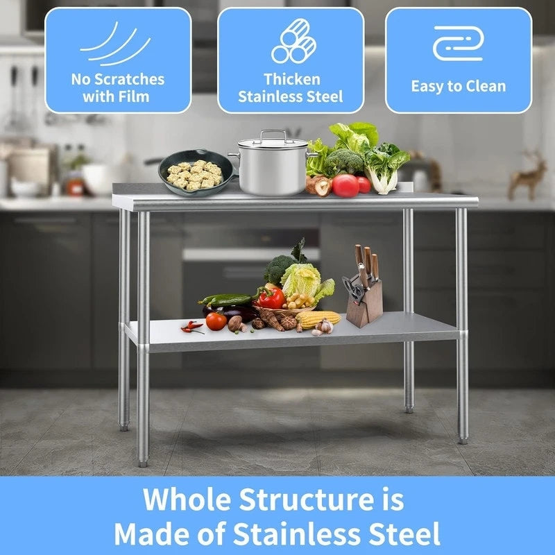 Table de travail de préparation de cuisine commerciale robuste en acier inoxydable avec étagère inférieure