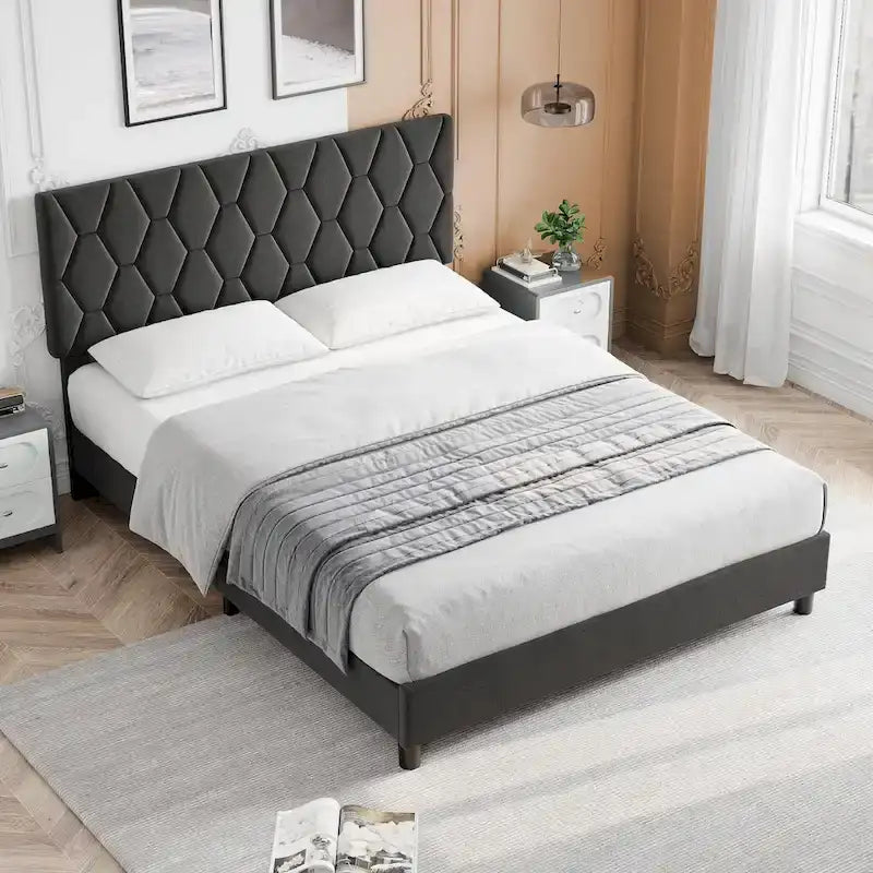 Cadre de lit plateforme en lin touffeté capitonné gris foncé avec tête de lit réglable