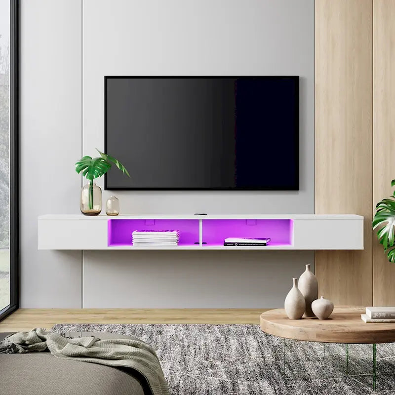 Meuble TV flottant mural blanc avec lumières LED RGB et étagères ouvertes