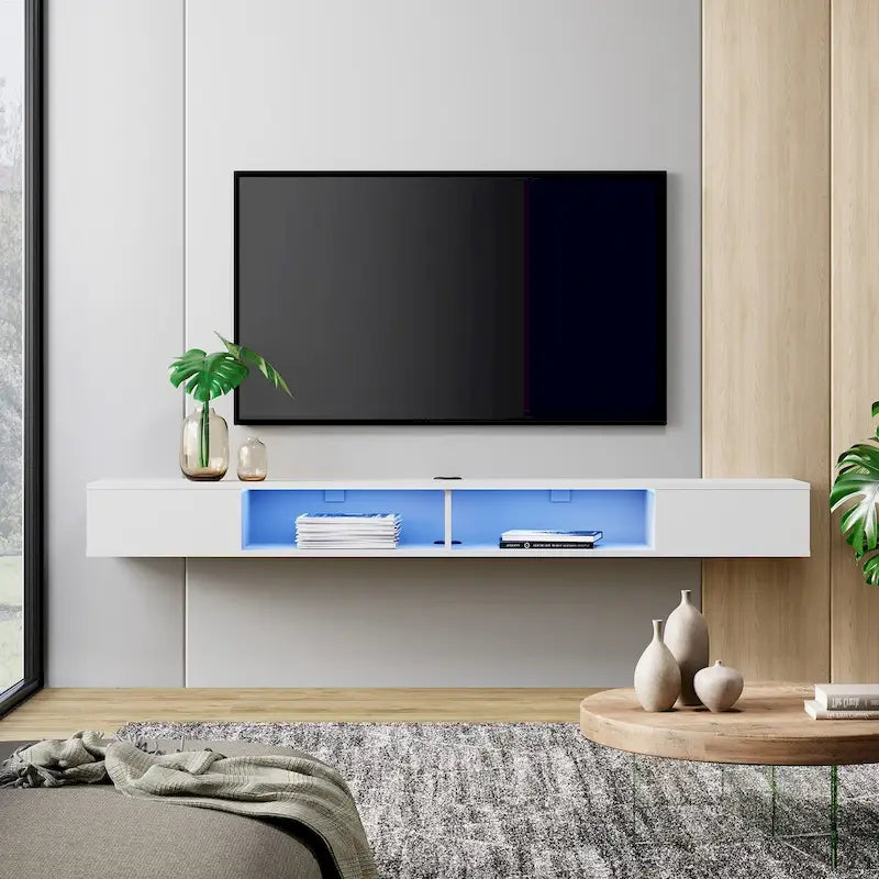 Meuble TV flottant mural blanc avec lumières LED RGB et étagères ouvertes