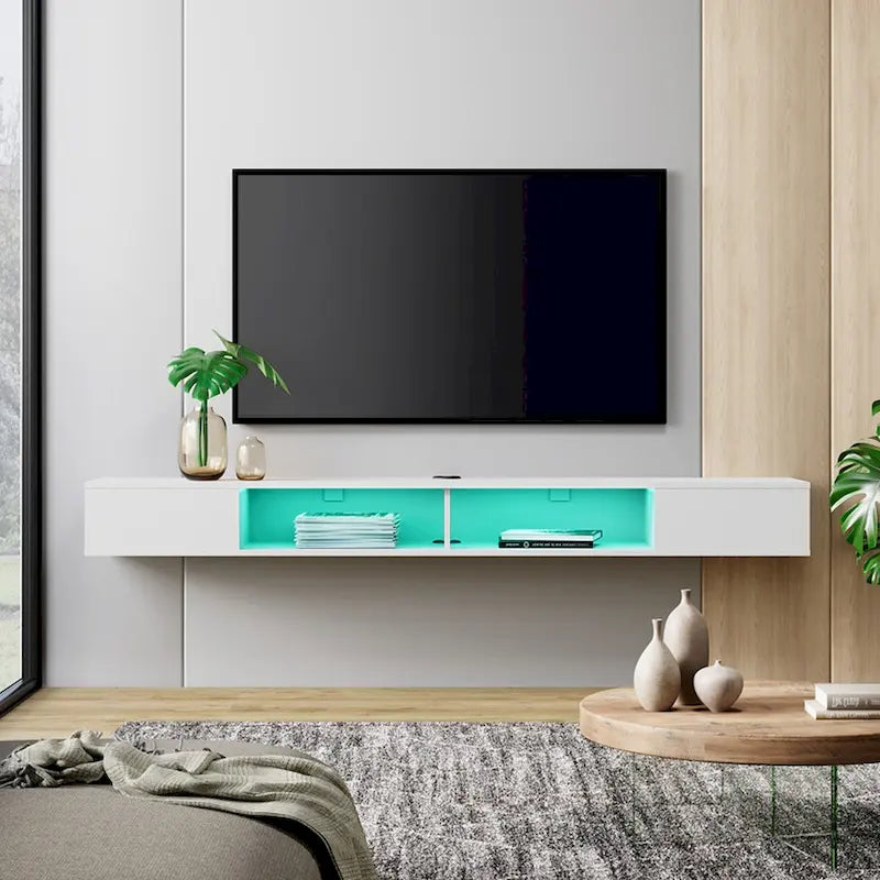 Meuble TV flottant mural blanc avec lumières LED RGB et étagères ouvertes