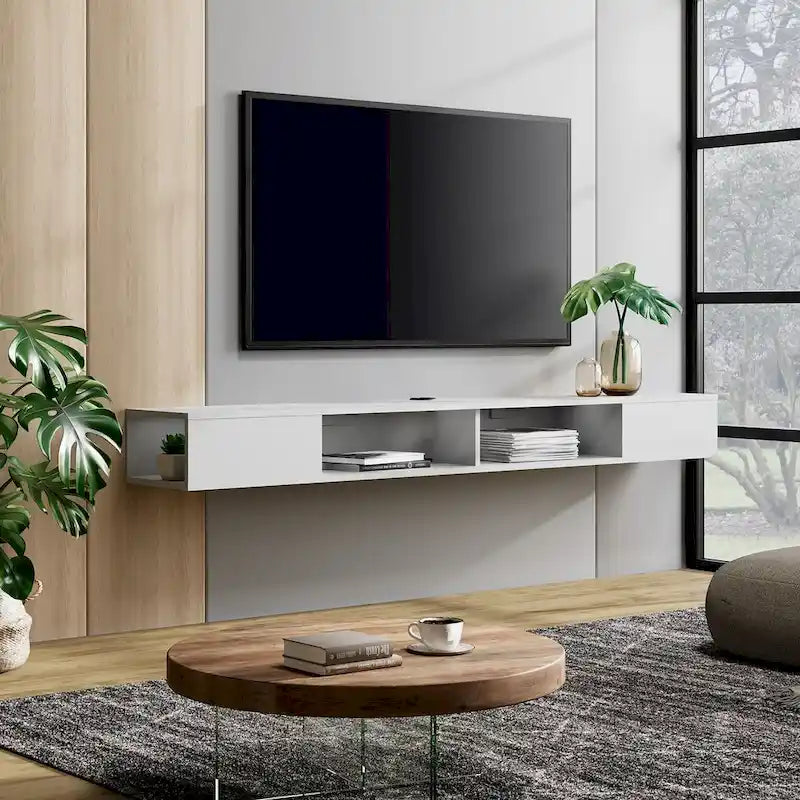 Meuble TV flottant mural blanc avec lumières LED RGB et étagères ouvertes