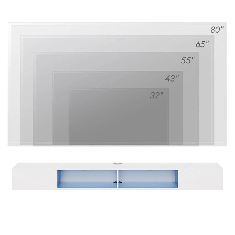 Meuble TV flottant mural blanc avec lumières LED RGB et étagères ouvertes