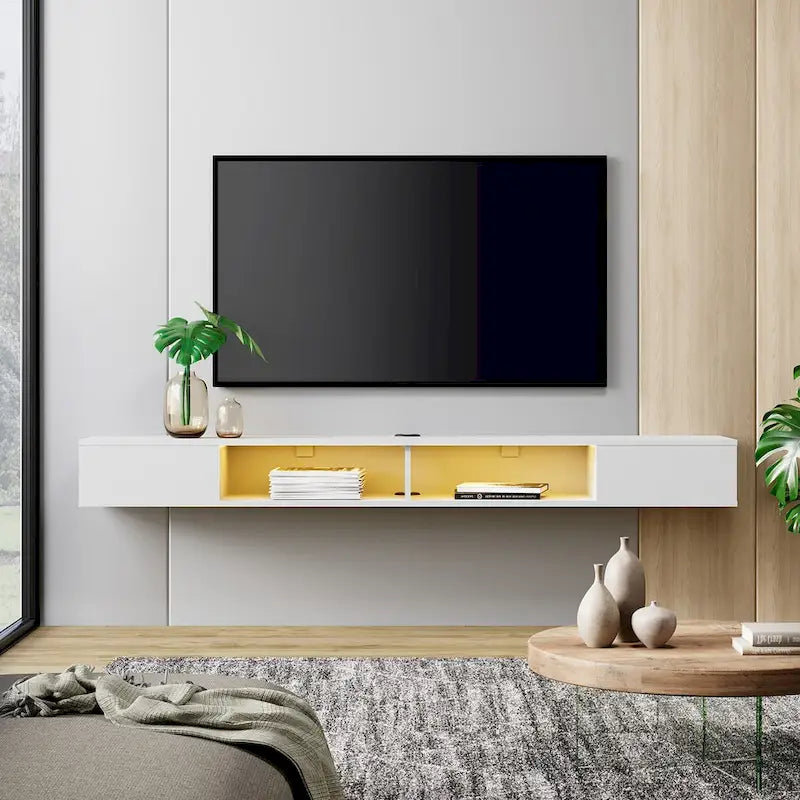 Meuble TV flottant mural blanc avec lumières LED RGB et étagères ouvertes