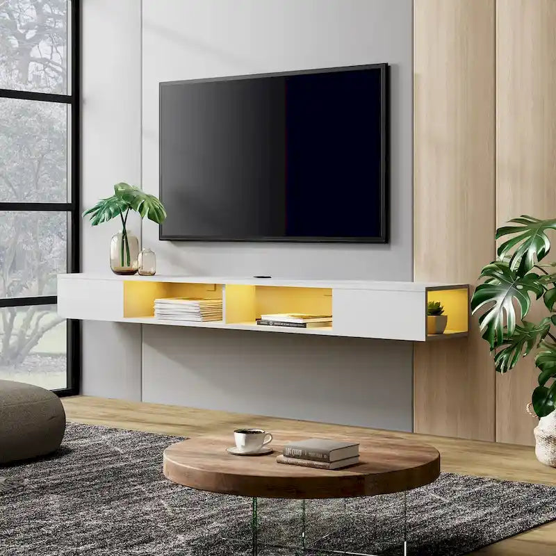 Meuble TV flottant mural blanc avec lumières LED RGB et étagères ouvertes