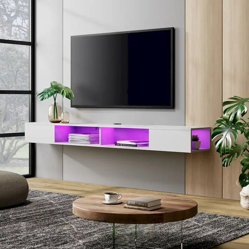 Meuble TV flottant mural blanc avec lumières LED RGB et étagères ouvertes