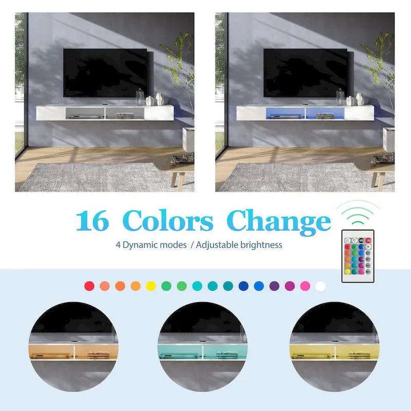 Meuble TV flottant mural blanc avec lumières LED RGB et étagères ouvertes