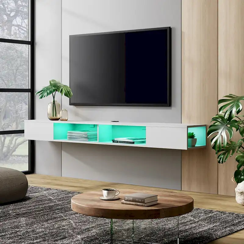 Meuble TV flottant mural blanc avec lumières LED RGB et étagères ouvertes