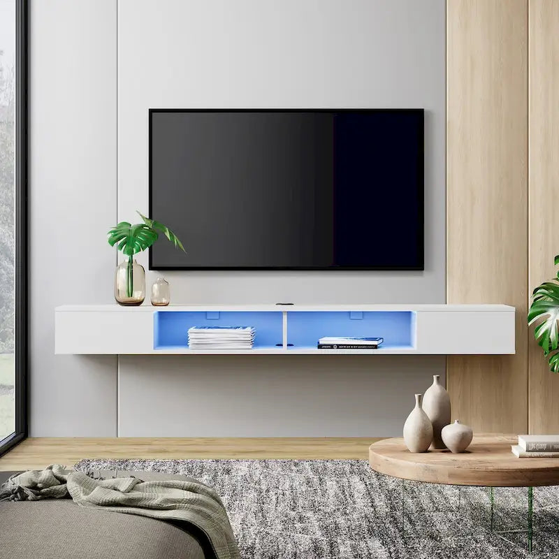 Meuble TV flottant mural blanc avec lumières LED RGB et étagères ouvertes