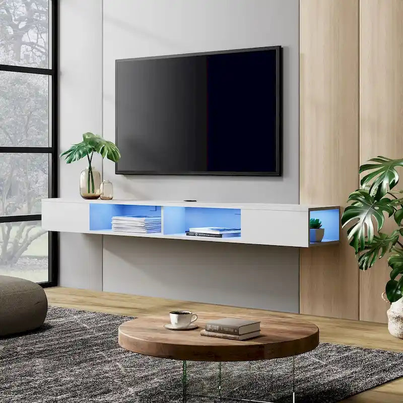 Meuble TV flottant mural blanc avec lumières LED RGB et étagères ouvertes