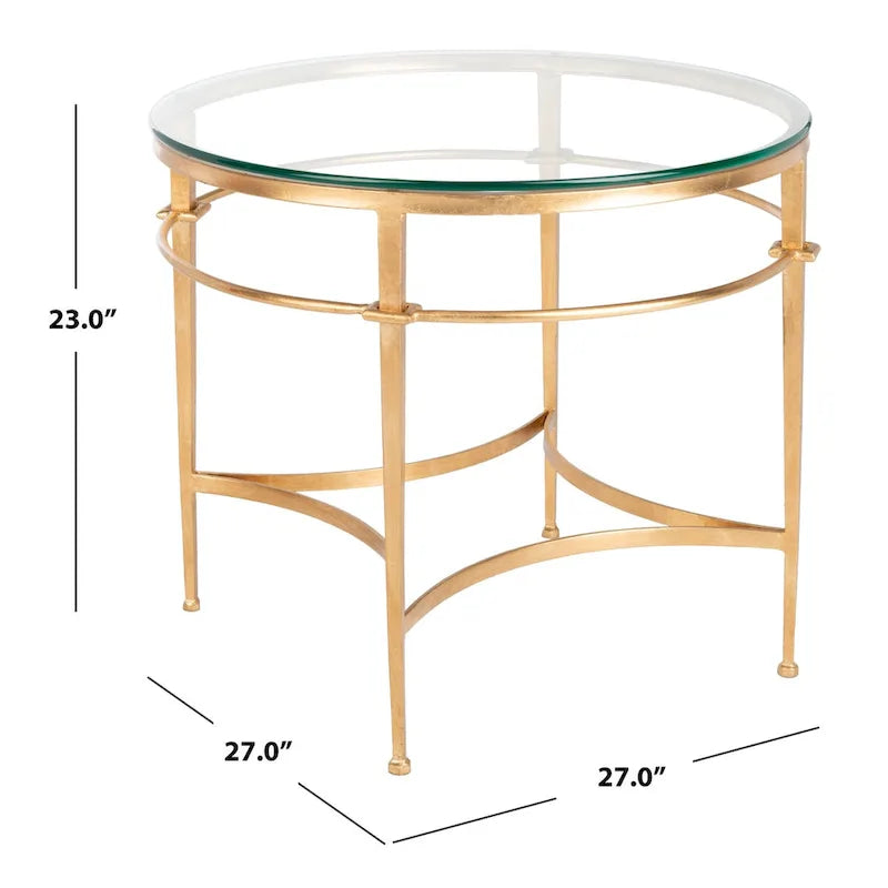 Table d'appoint ronde à plateau en verre et pieds fuselés, en or antique