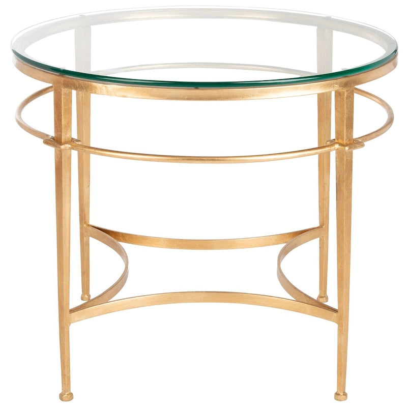 Table d'appoint ronde à plateau en verre et pieds fuselés, en or antique