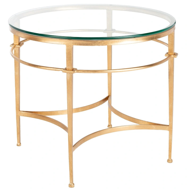 Table d'appoint ronde à plateau en verre et pieds fuselés, en or antique
