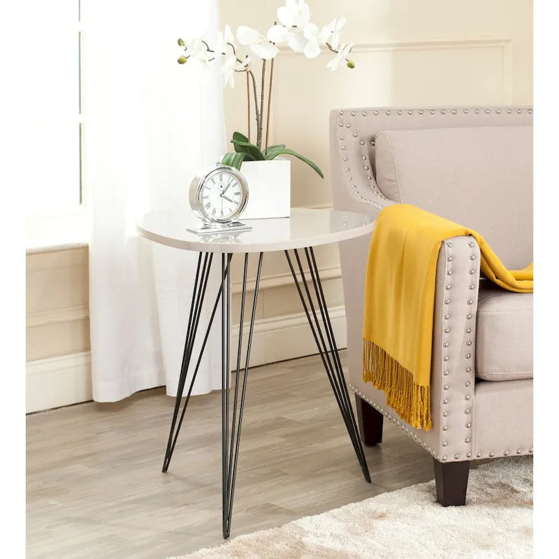 Table d'appoint ronde laquée blanche avec pieds épingles noirs