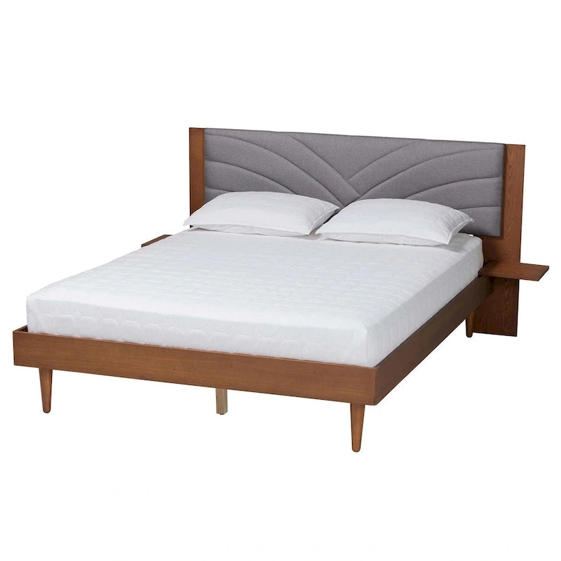 Lit plateforme gris en tissu noyer de style moderne du milieu du siècle avec tables de chevet flottantes intégrées