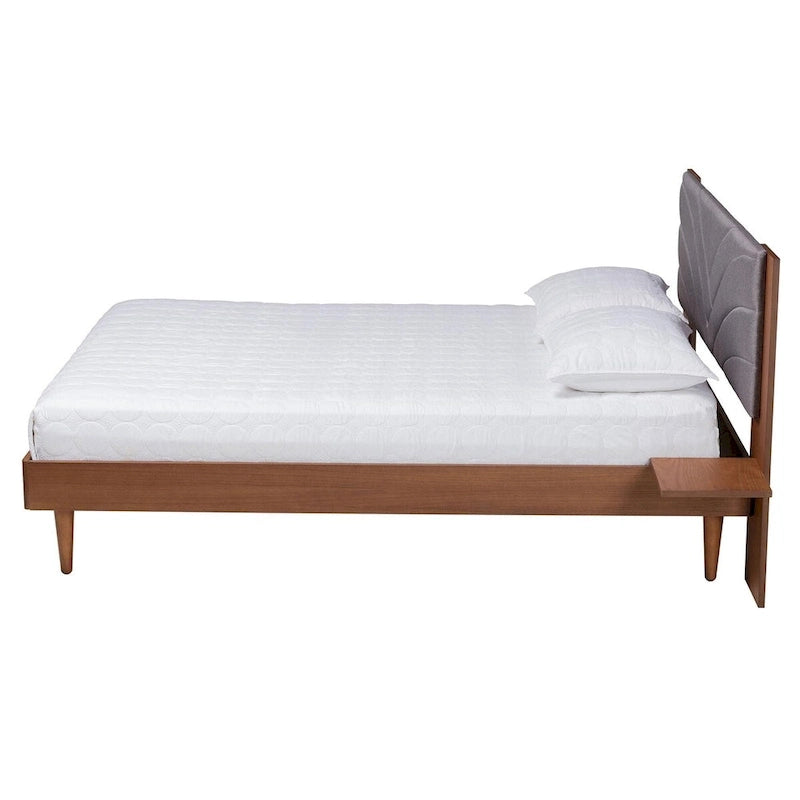 Lit plateforme gris en tissu noyer de style moderne du milieu du siècle avec tables de chevet flottantes intégrées