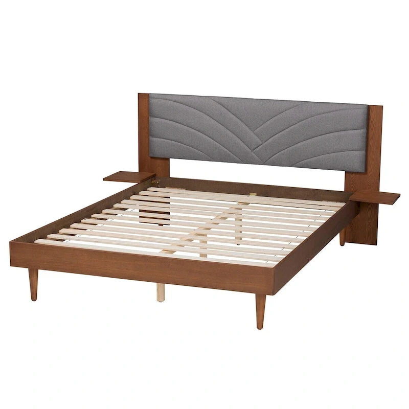 Lit plateforme gris en tissu noyer de style moderne du milieu du siècle avec tables de chevet flottantes intégrées
