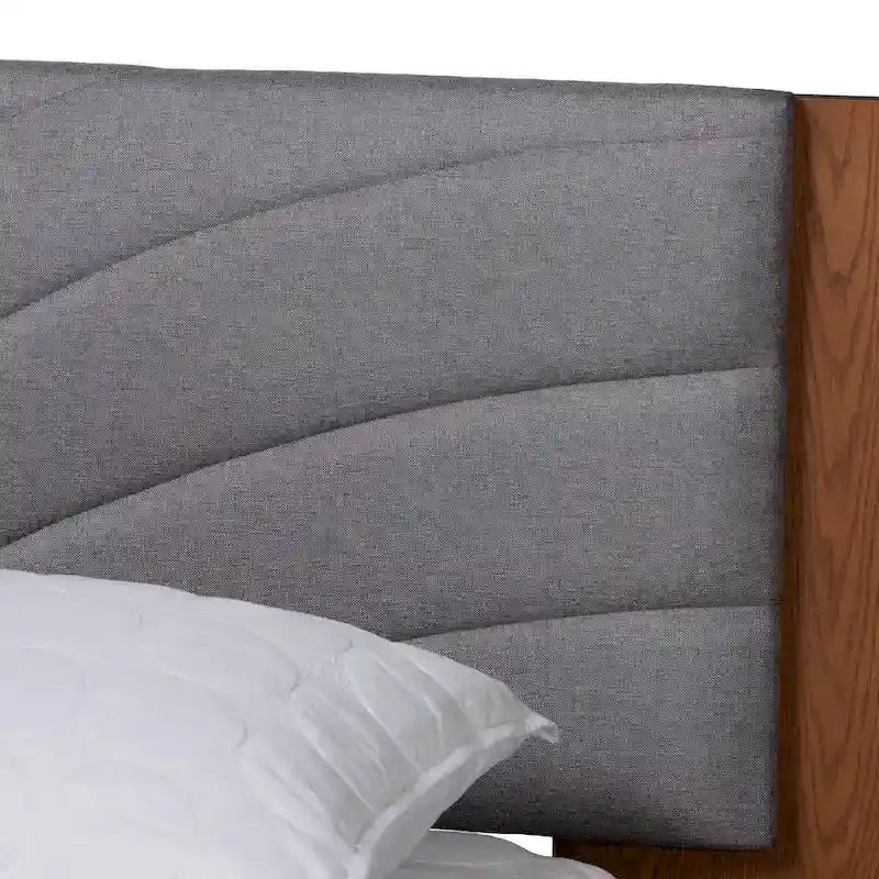 Lit plateforme gris en tissu noyer de style moderne du milieu du siècle avec tables de chevet flottantes intégrées