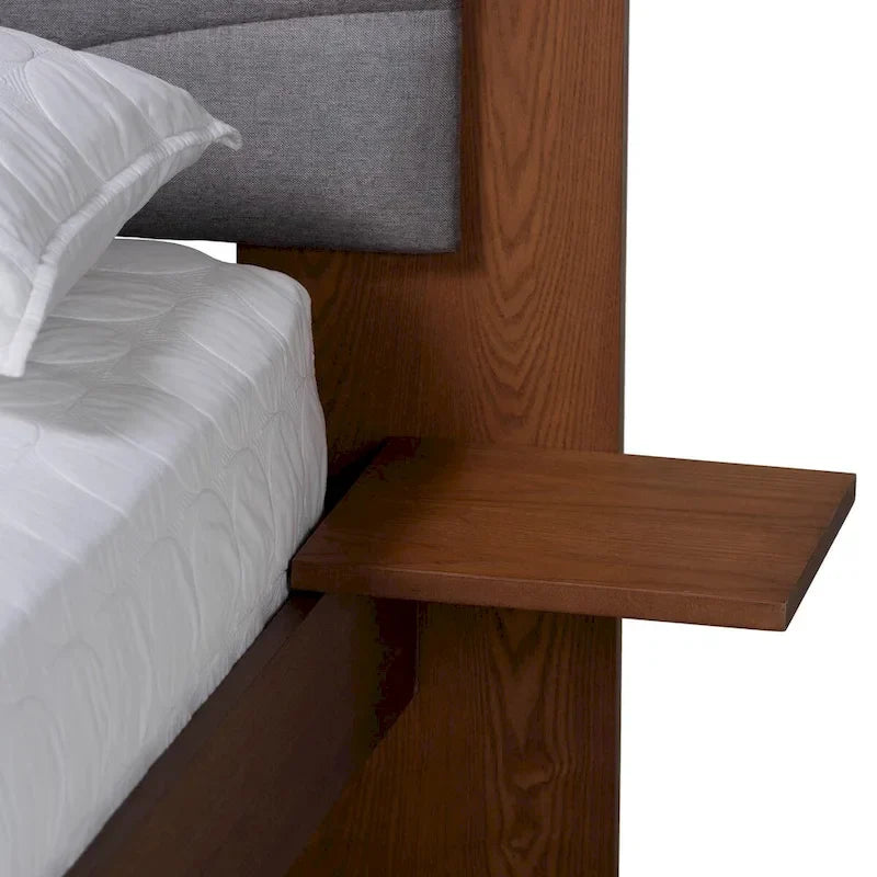 Lit plateforme gris en tissu noyer de style moderne du milieu du siècle avec tables de chevet flottantes intégrées