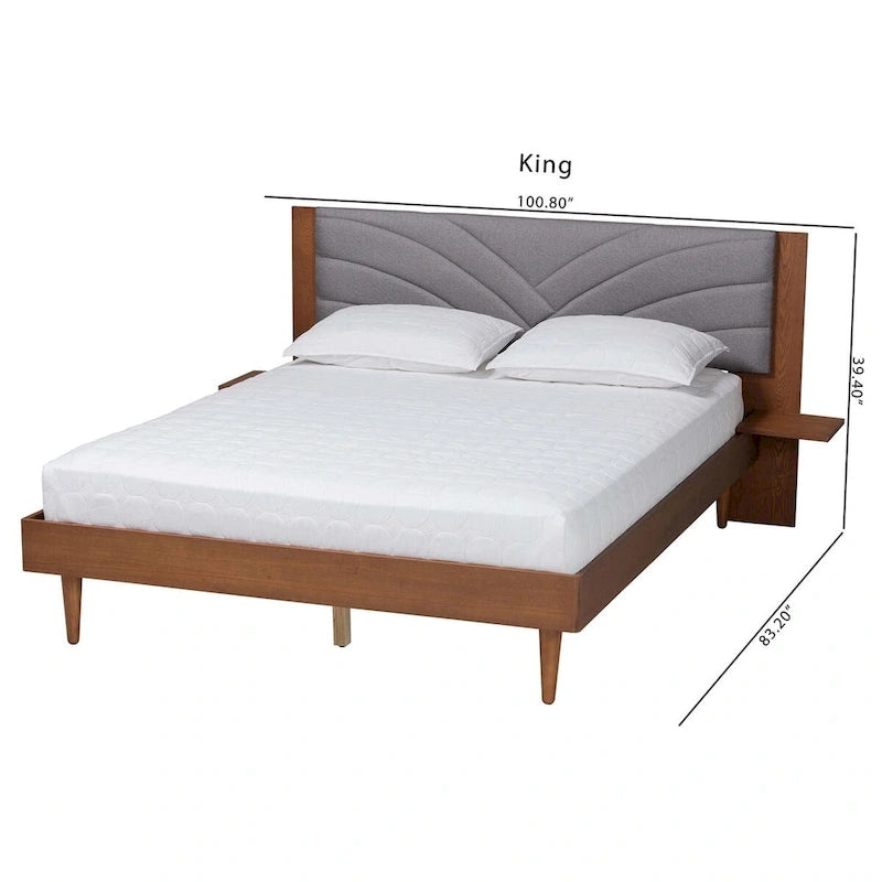 Lit plateforme gris en tissu noyer de style moderne du milieu du siècle avec tables de chevet flottantes intégrées