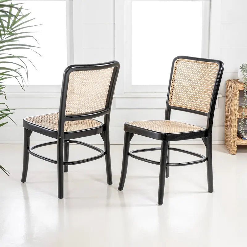 Chaise de salle à manger en bois massif et rotin style bohème naturel du milieu du siècle