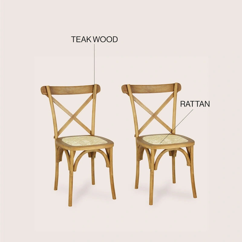Chaise de salle à manger classique en bois massif à dossier en X, assise en rotin canné