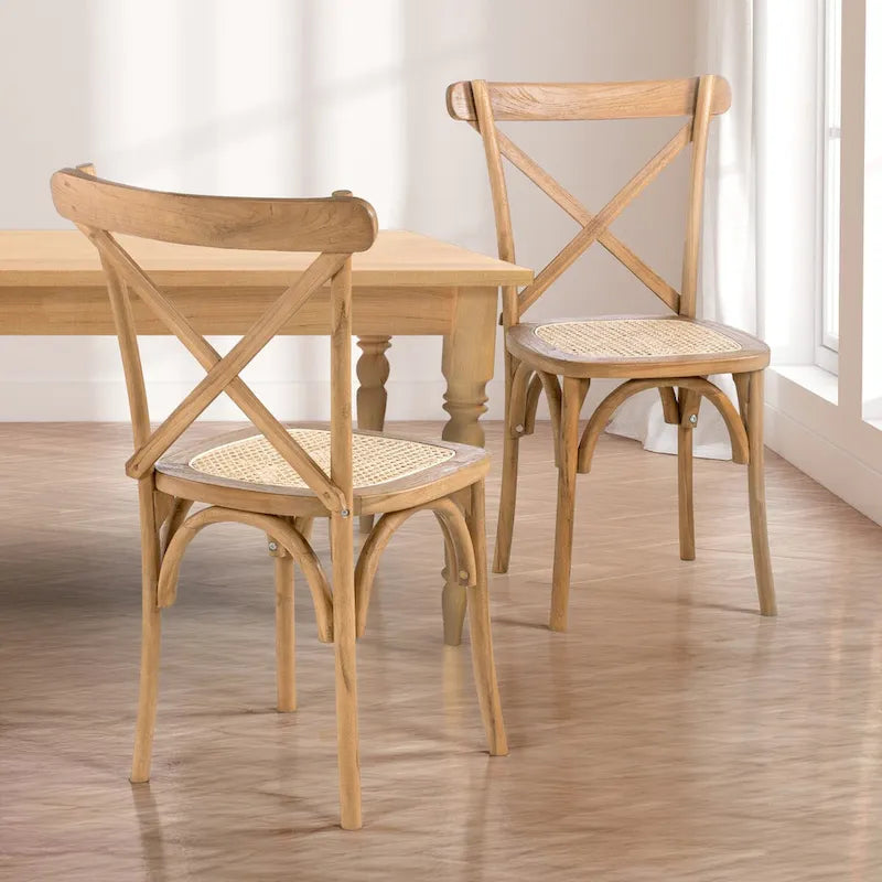 Chaise de salle à manger classique en bois massif à dossier en X, assise en rotin canné