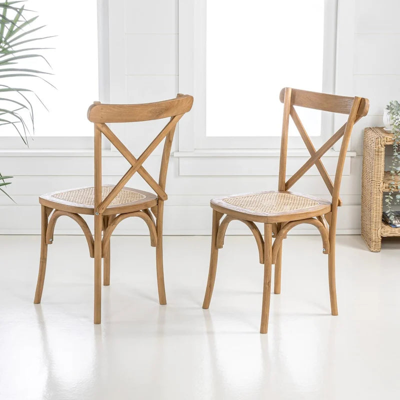 Chaise de salle à manger classique en bois massif à dossier en X, assise en rotin canné