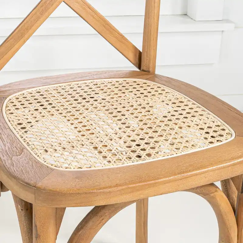 Chaise de salle à manger classique en bois massif à dossier en X, assise en rotin canné