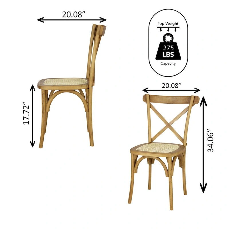 Chaise de salle à manger classique en bois massif à dossier en X, assise en rotin canné