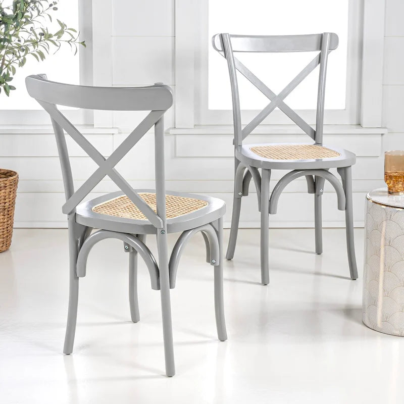 Chaise de salle à manger classique en bois massif à dossier en X, assise en rotin canné