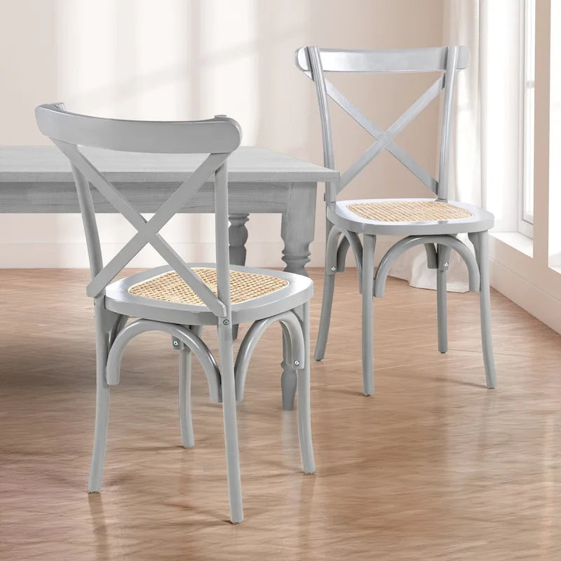 Chaise de salle à manger classique en bois massif à dossier en X, assise en rotin canné
