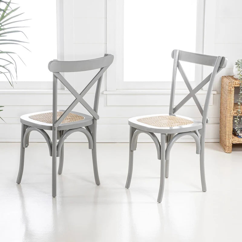 Chaise de salle à manger classique en bois massif à dossier en X, assise en rotin canné